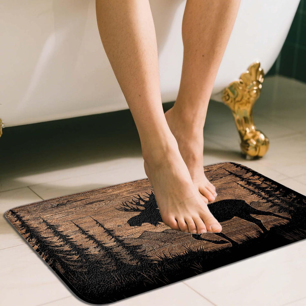 Moose in Pine Forest Wood Style Bath Mat 17X29IN