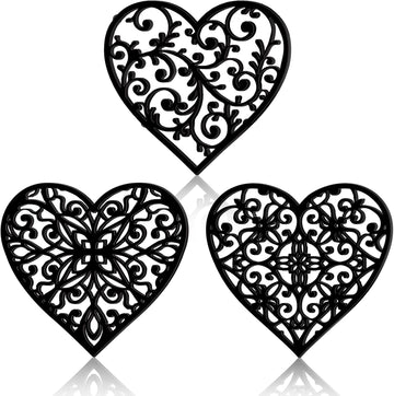 Heart Cast Iron Trivet for Hot Dishes Vintage Design, Black - Set of 3