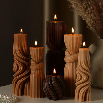 Ribbed Pillar Candles Decorative Candle Brown, 2.36-6.89 Inch - Set of 6