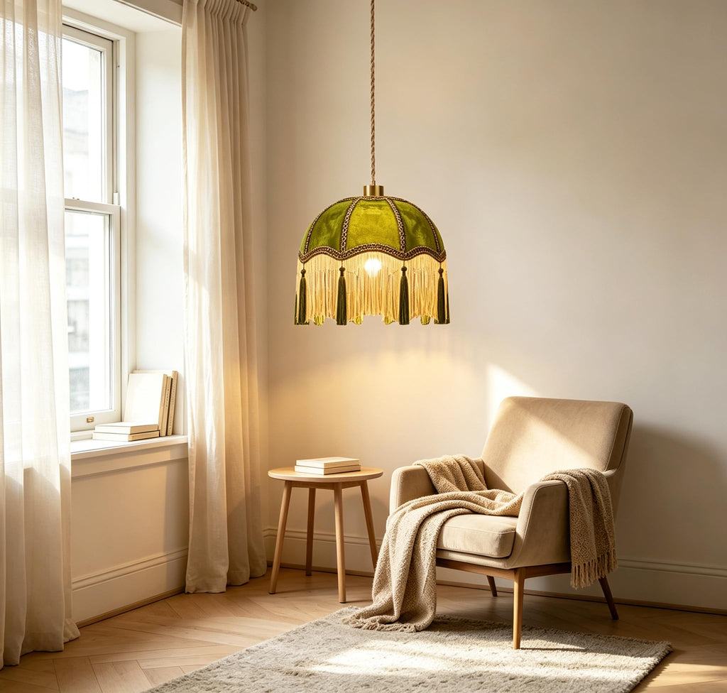 Plug in Pendant Light Fringe Hanging Lights with Plug in Cord Green Hanging Lamp Gold Mid Century Modern Vintage
