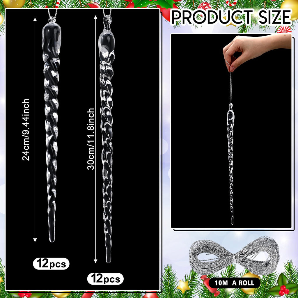 24 Pcs Extra Large Crystal Icicle Ornaments 10-12 Inch Clear Acrylic