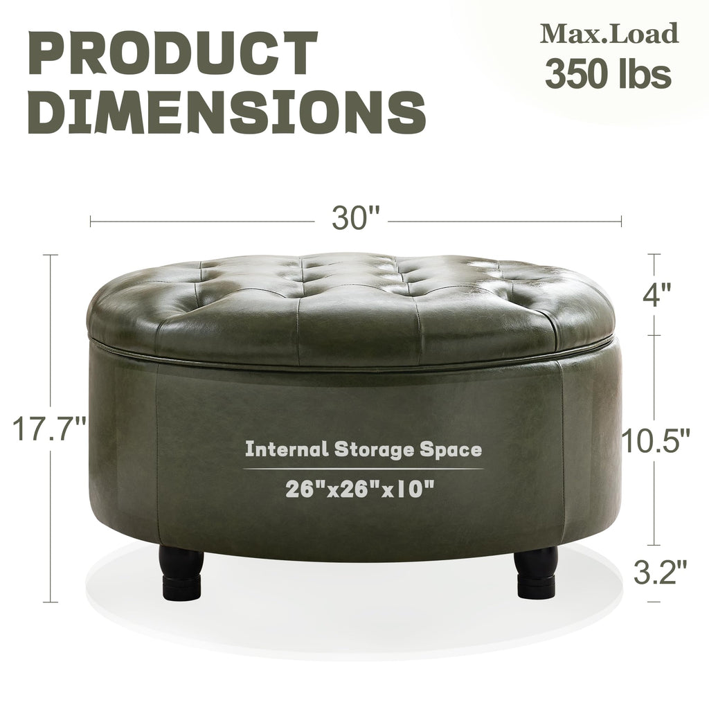 30-Inch Round Ottoman with Storage, Leather Ottoman(Green)