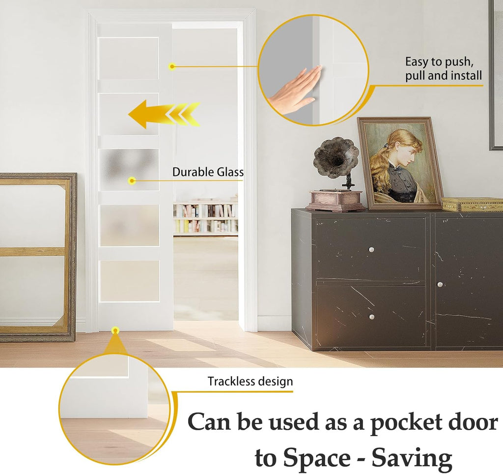 Pocket Door, 32" x 80" Concealed Sliding Closet Doors, 5 Lites Tempered Frosted Glass Pantry Doors, 