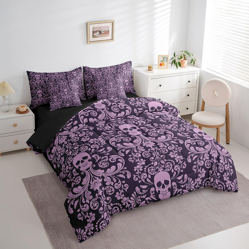 Damask Gothic Bedding Set Adults Antique Victorian Comforter Set 7 Piece Bed in a Bag Twin, Purple Sugar Skull Sheet