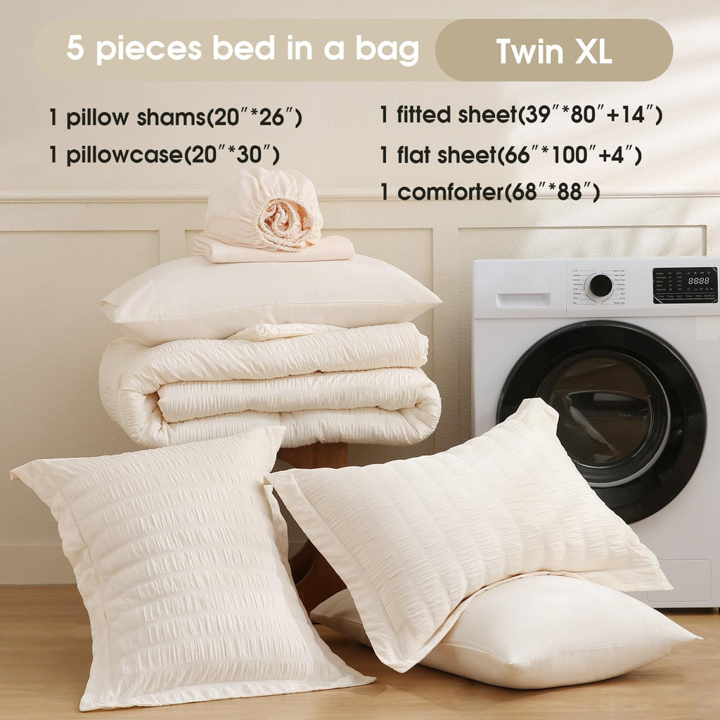 Comforter Set Seersucker 5 Pieces, All Season Bedding Set, Bed in a Bag Comforter Set with Comforter, Flat