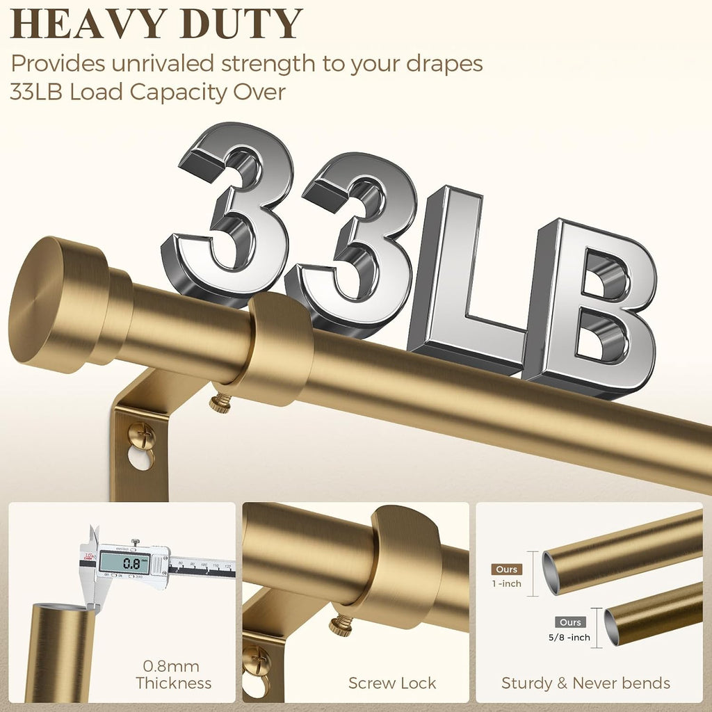Brass Gold Curtain Rod, Brushed Warm Gold 1" Adjustable Long Heavy Duty Curtain Rods for Windows