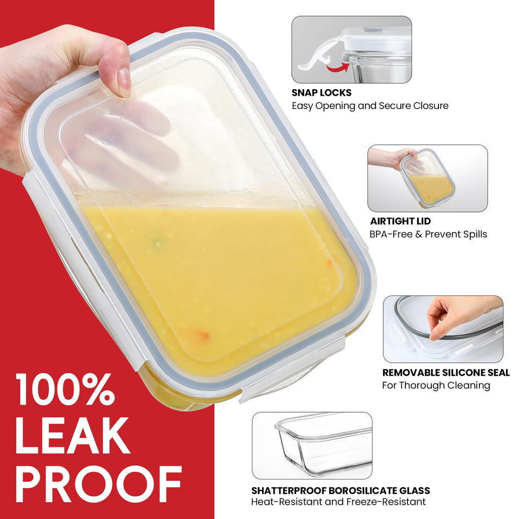 4 Pack 8 Cups/ 63oz Large Glass Storage Containers with Lids, Meal Prep Containers, Glass Food Storage with Airtight