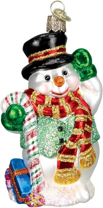 Candy Cane Snowman Glass Blown Ornament, Handcrafted Holiday Decoration, Snowman Collection