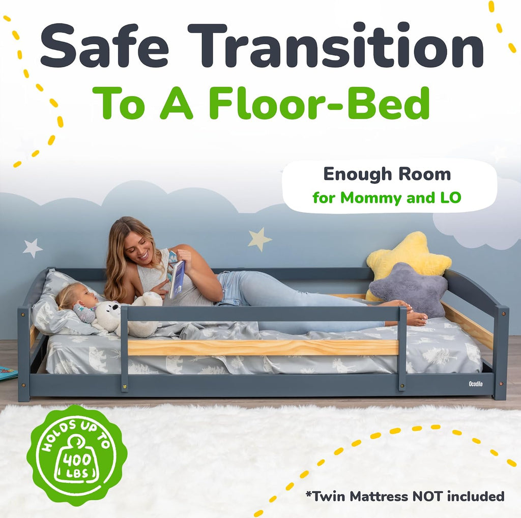 Twin Floor Bed with Safety Guardrails for Kids, Montessori Inspired with Rails and 2 Openings, Twin Size Bed Frame