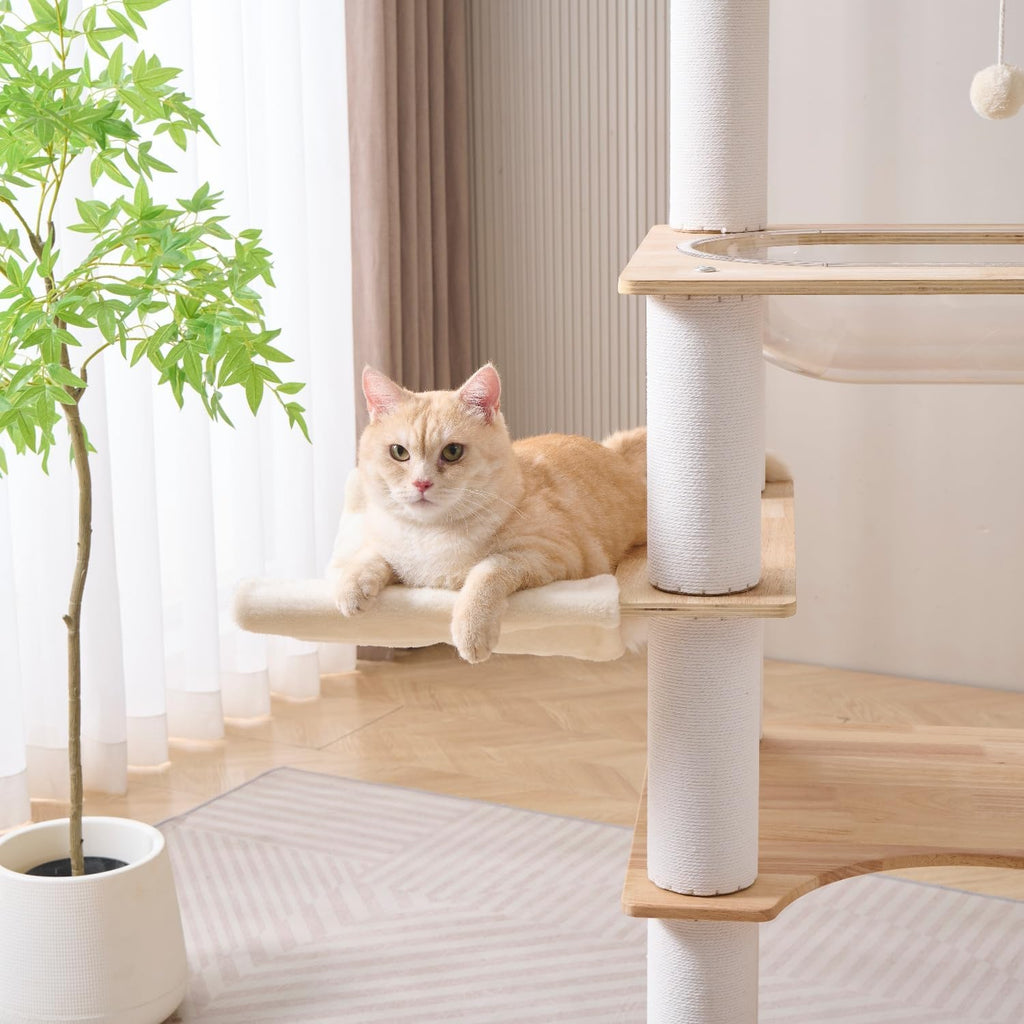 Modern Natural Wooden Wood Cat Tree Tower Condo, Extra Large Top Platform Perch, 57" Tall, Big Clear Capsule Bowl