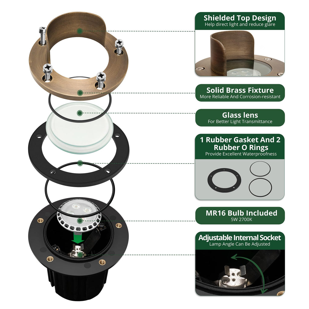 LED Brass Well Lights, 12V IP67 Waterproof Outdoor In Ground Light with MR16 Bulb and Swival Base, Low Voltage