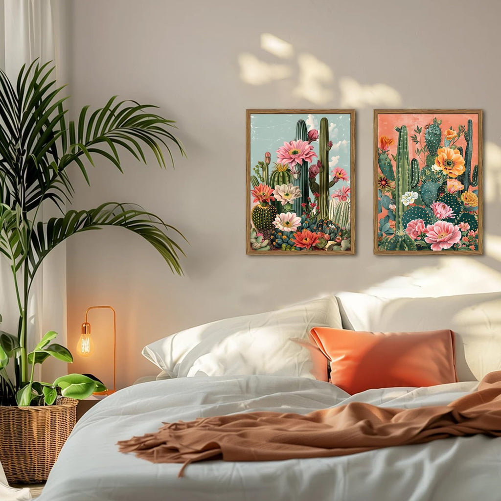 Framed Mexican Cactus Canvas Wall Art Set of 2, Vintage Desert Floral Wall Decor Paintings, Southwestern Boho