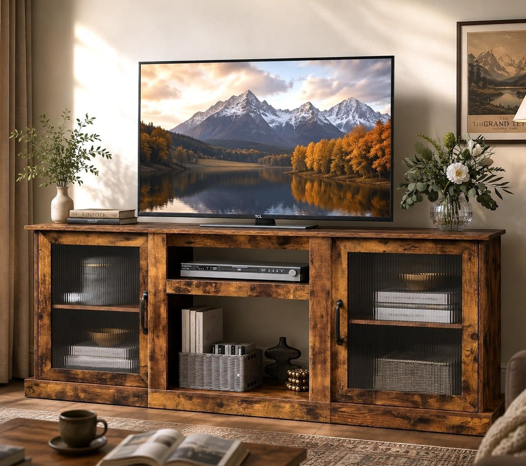 Farmhouse TV Stand for 75 inch TV, Entertainment Center with Storage Cabinets, Mid Century Modern TV Console for