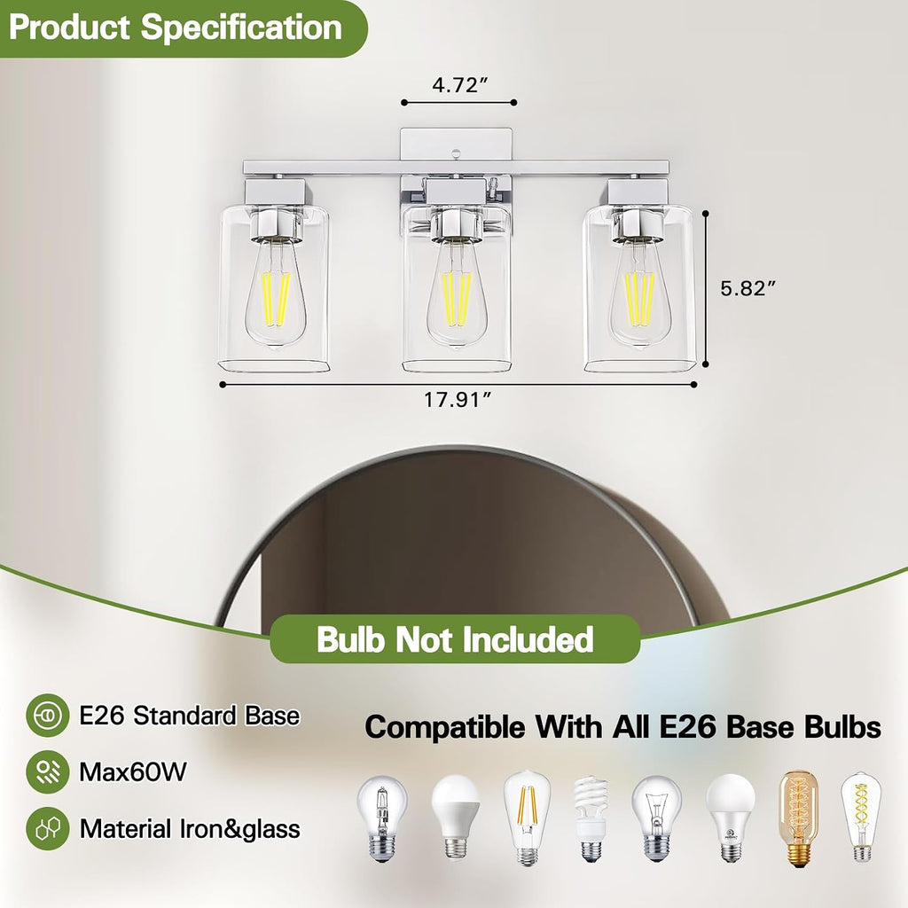 Chrome Bathroom Vanity Light - 3 Light Bathroom Light Fixture Square Design & UL Certification, Bath Room Lighting