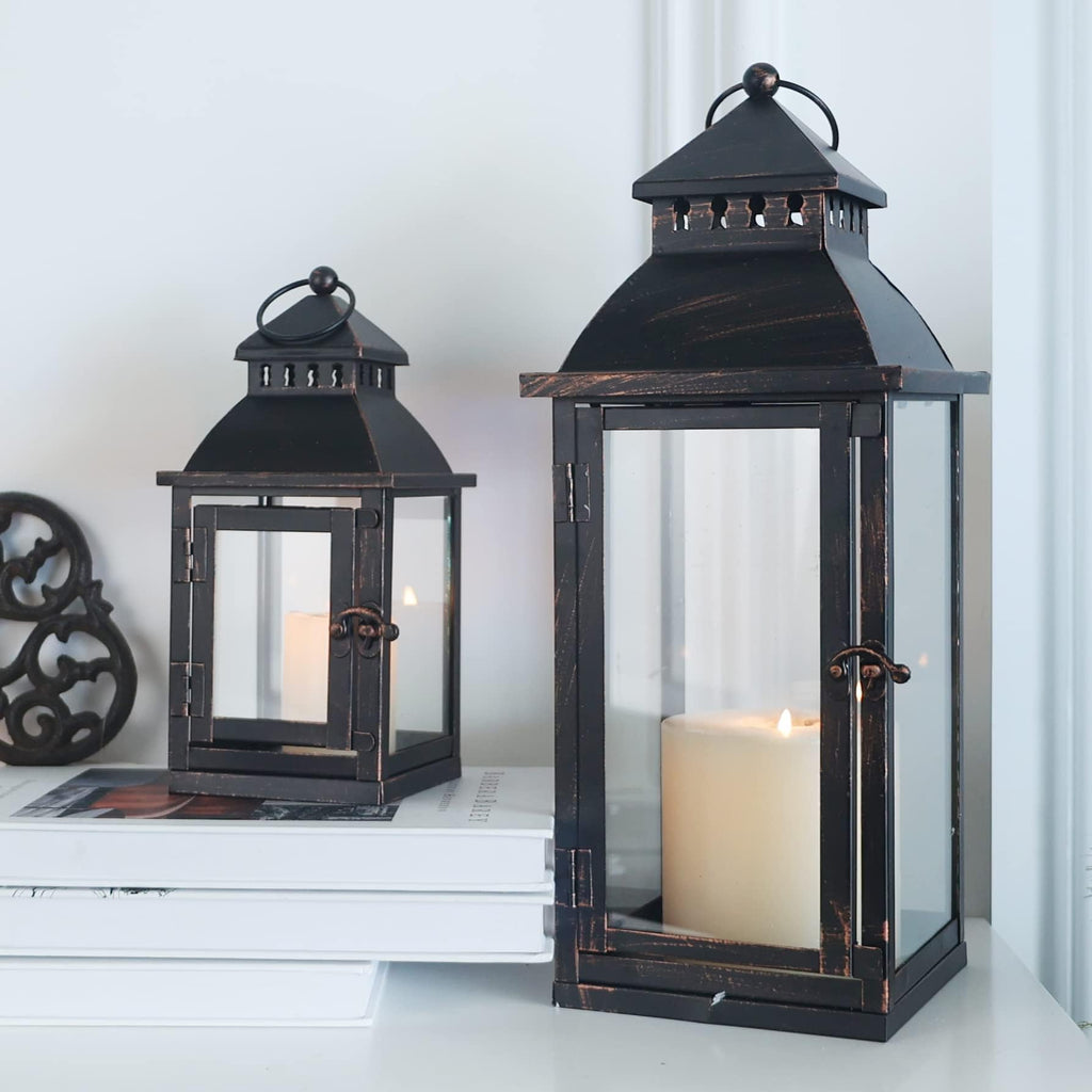 Lanterns Decorative Outdoor&Indoor, Set of 2 Large Bronze Metal Lantern Decor with Glass, Candle Holder for Porch