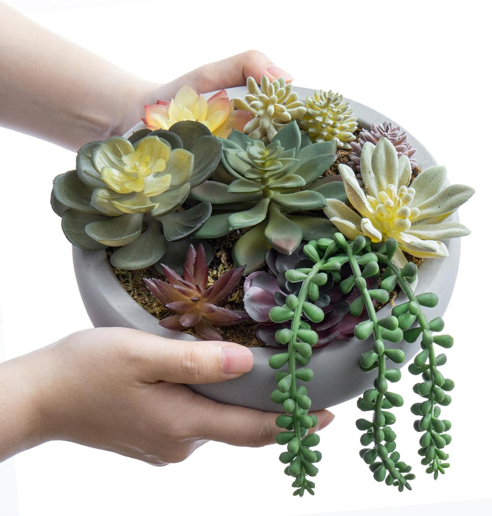 8 Inch Round Artificial Succulent Plants in Gray Concrete Plant Bowl | Indoor Decorative Greenery, Assorted Faux Mini