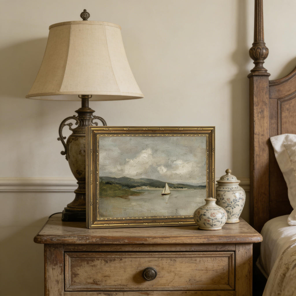 Gold Framed Wall Art, Vintage Coastal Sailboat Canvas Prints - Antique Ocean Beach Landscape Pictures, Rustic