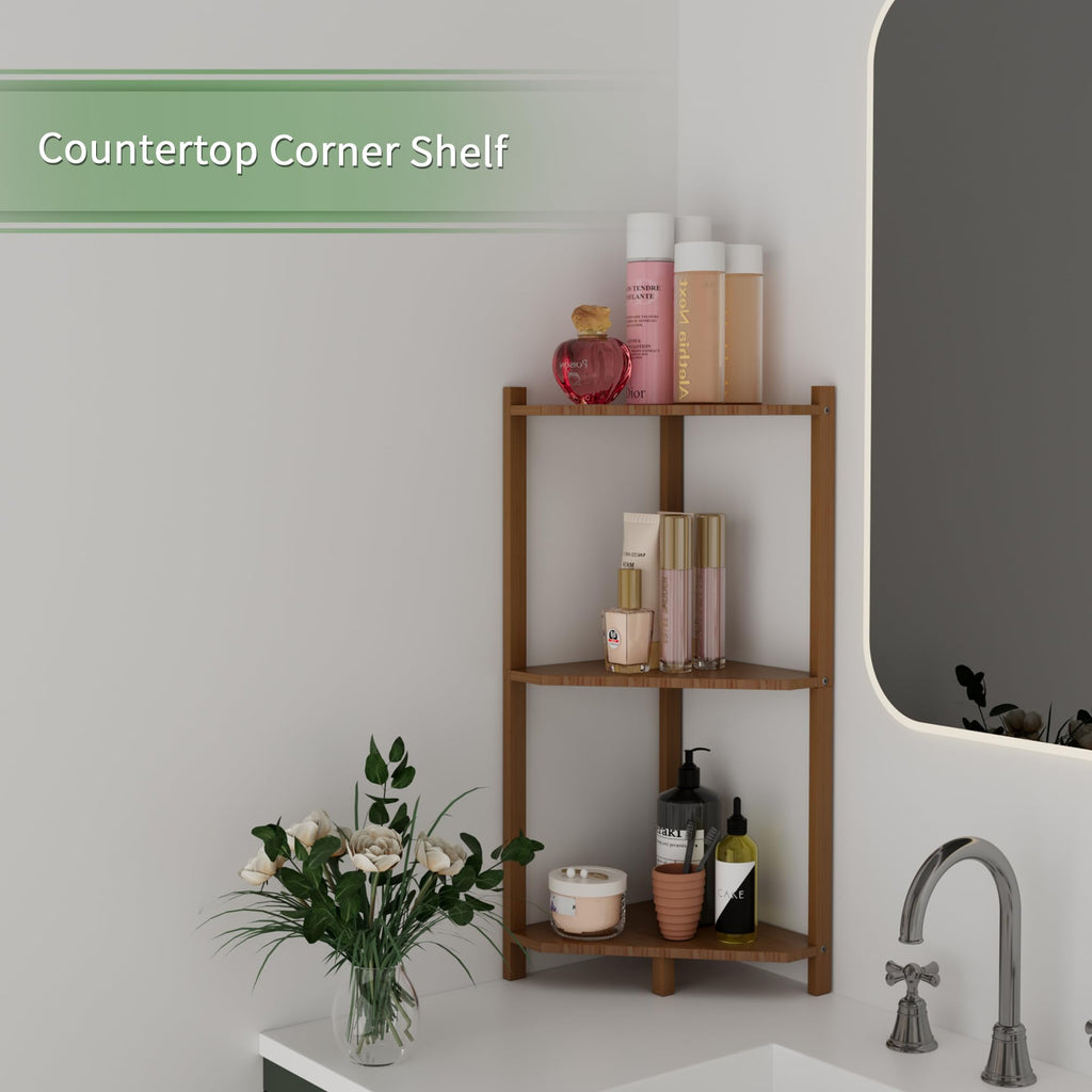 Bamboo Small Corner Shelf Stand, 3-Tier Brown Corner Bookshelf