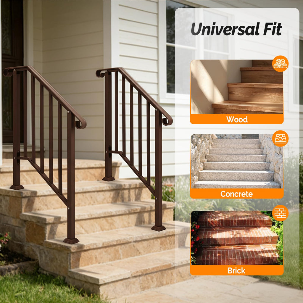 2 Pack Handrails for Outdoor Steps, Stair Handrail Kit Fits 1 to 5 Steps, Wrought Iron Hand Rail with Curved End &
