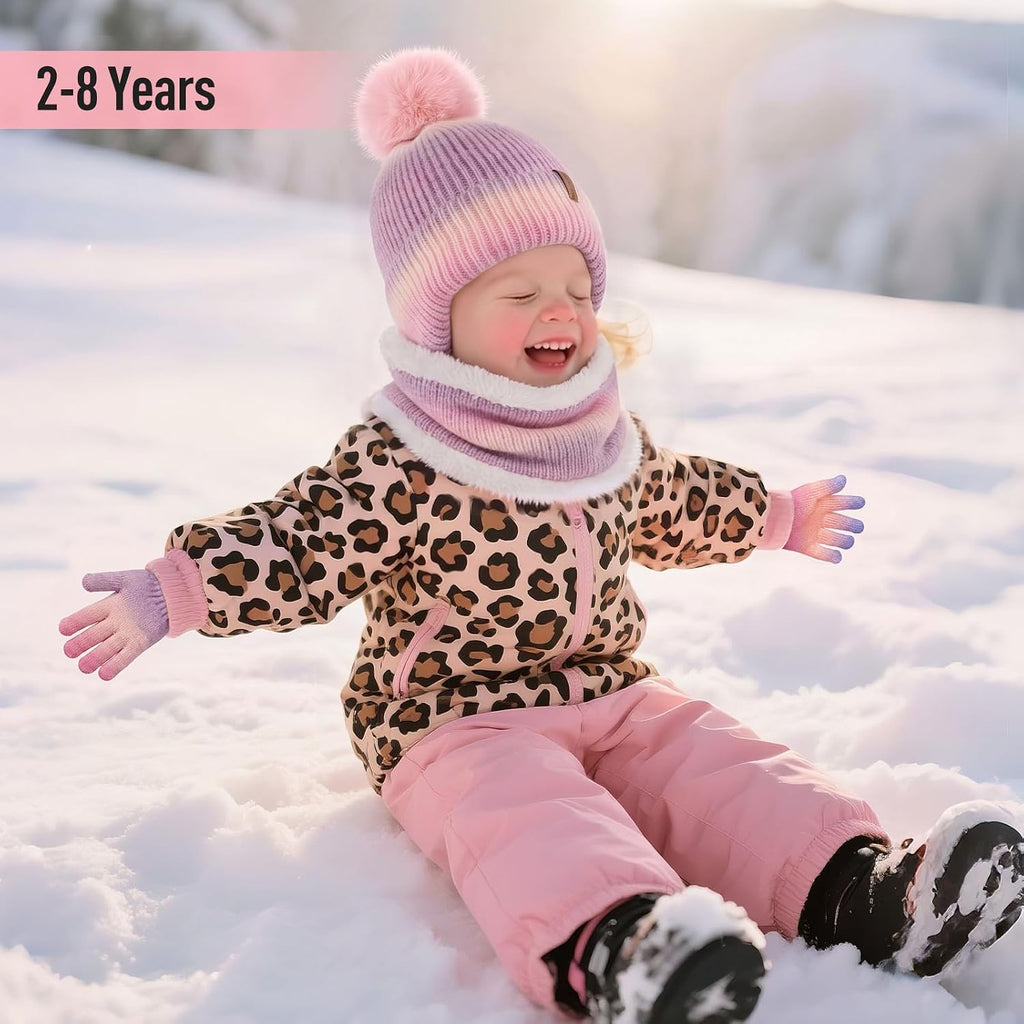 Toddler Girls Winter Hat Gloves Scarf Set Warm Fleece Lined Knit