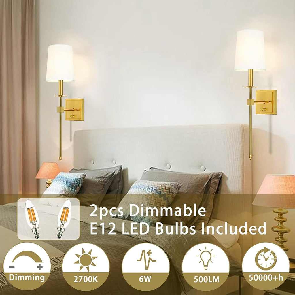 Gold Wall Sconces Set of Two, Farmhouse Sconces Wall Lighting with Dimmer ON/Off Switch, Hardwired Brushed Brass Wall