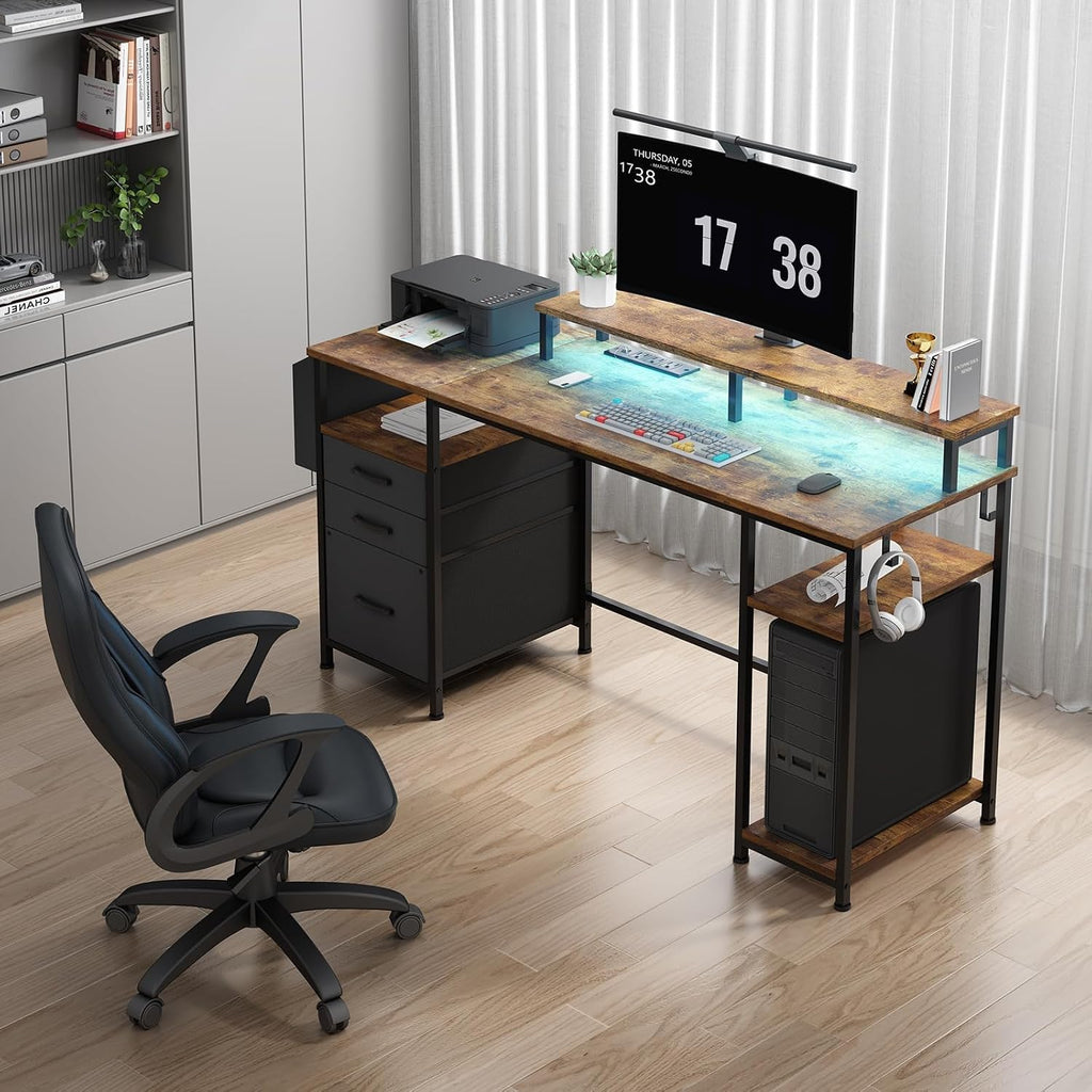 Gaming Desks with Led Lights and Power Outlets, 55 Inch Study Writing Computer Desk with Fabric File Drawers Cabinet