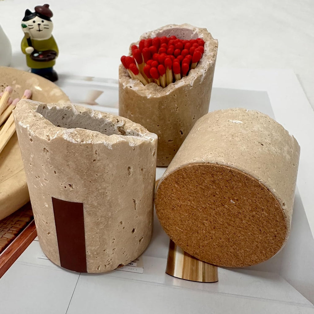 Natural Travertine Stone Match Holder with Striker, Irregular Raw Edge Decorative Match Storage Jar, Matchstick - Set of 2