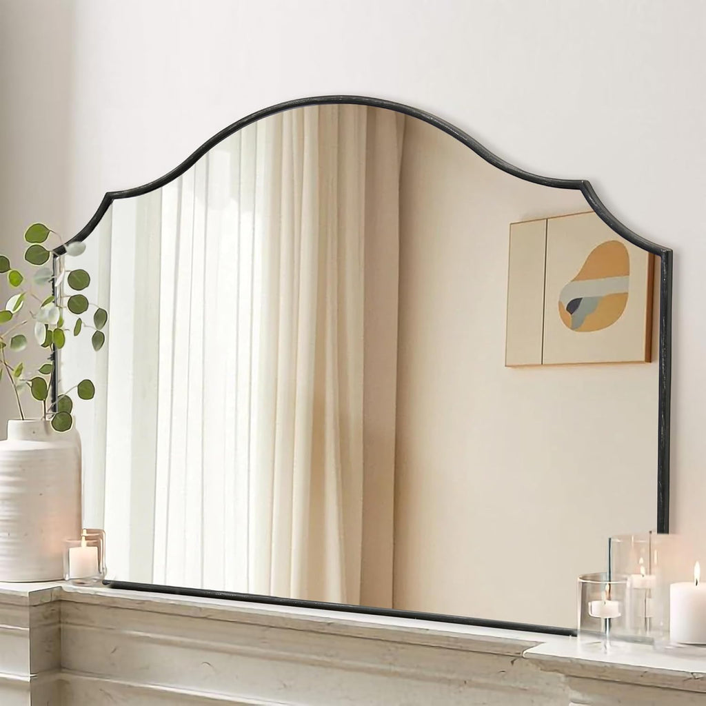 Black Scalloped Wall Mirror: 40"x29" Large Modern Wooden Arched Dresser Mirror - Minimalist Fireplace Mirrors