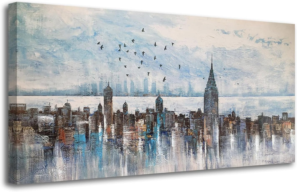 Cityscape Wall Art New York City Skyline Canvas Picture Living Room, Modern Abstract Grey NYC Painting Framed Artwork
