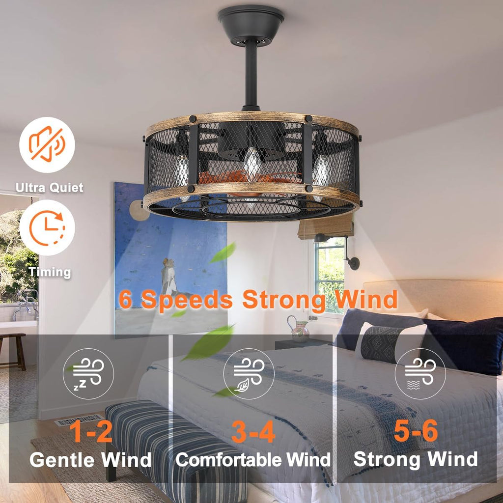 19" Farmhouse Caged Ceiling Fan with Light, 6-Lights, Rustic Ceiling Fans with Lights and Remote, Bladeless Ceiling Fan with Light for Kitchen, Living Room A101-B0F18BKGTG