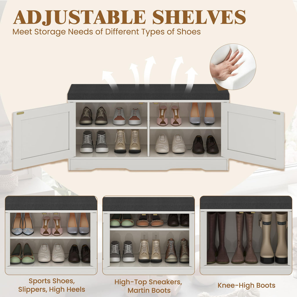 Shoe Storage Bench, 2 Tier Entryway Bench with Padded Seat Cushion, 2 Barn Doors, Adjustable Shelves, 39.37" Shoe