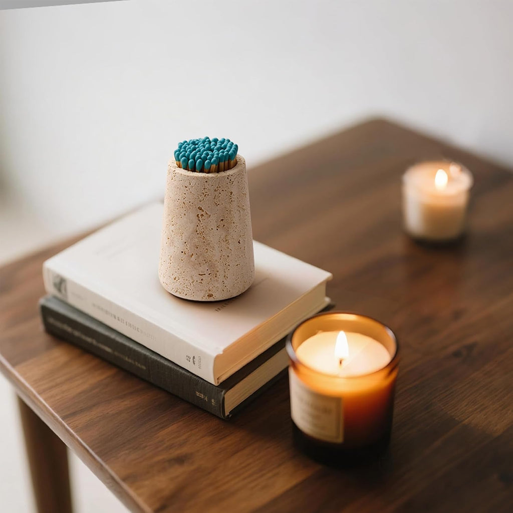 Travertine Match Holder with Striker & Extra Striker Pad - 2.9" x 3.9" Large Decorative Matchstick Organizer
