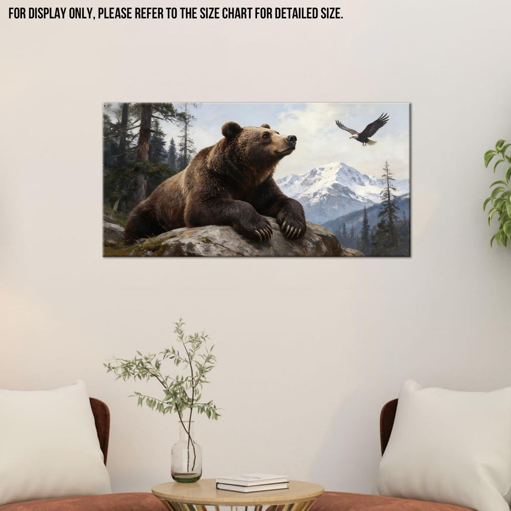 Large Bear Wall Art, Wildlife Canvas Wall Decor with Eagle and Mountain Forest, Rustic Bear Picture for Cabin Lodge