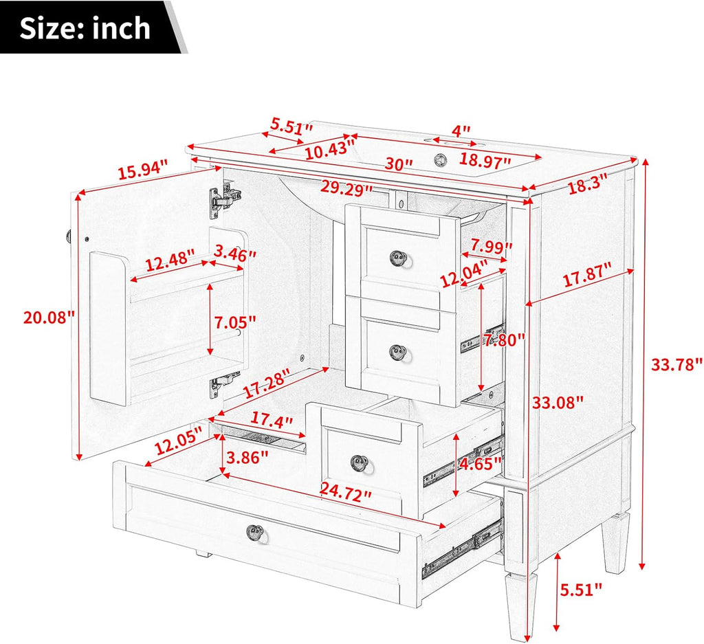 30" Bathroom Vanity with Sink, Modern Bathroom Storage Cabinet with 3 Drawers & 1 Door, Freestanding Bathroom Vanities