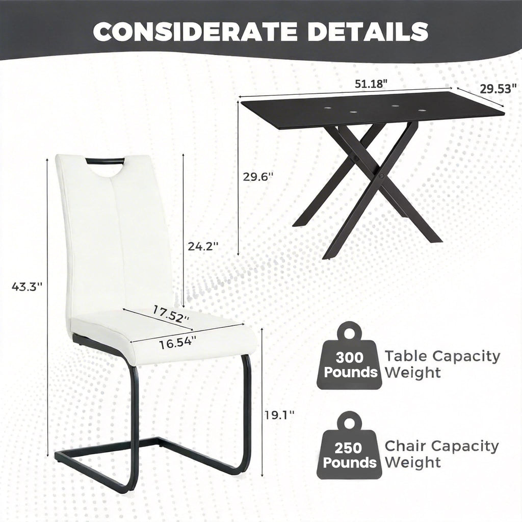 51" 5-Piece Glass Dining Table Set for 4, White&Black