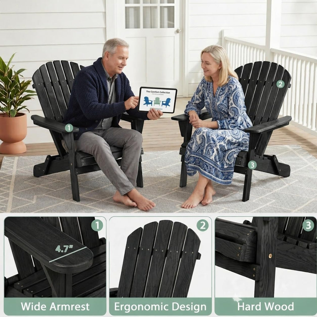 Adirondack Chairs Set of 2, Outdoor Folding Wood Adirondack Chairs with Pre-Assembled Backrest, Wood Patio Chair for