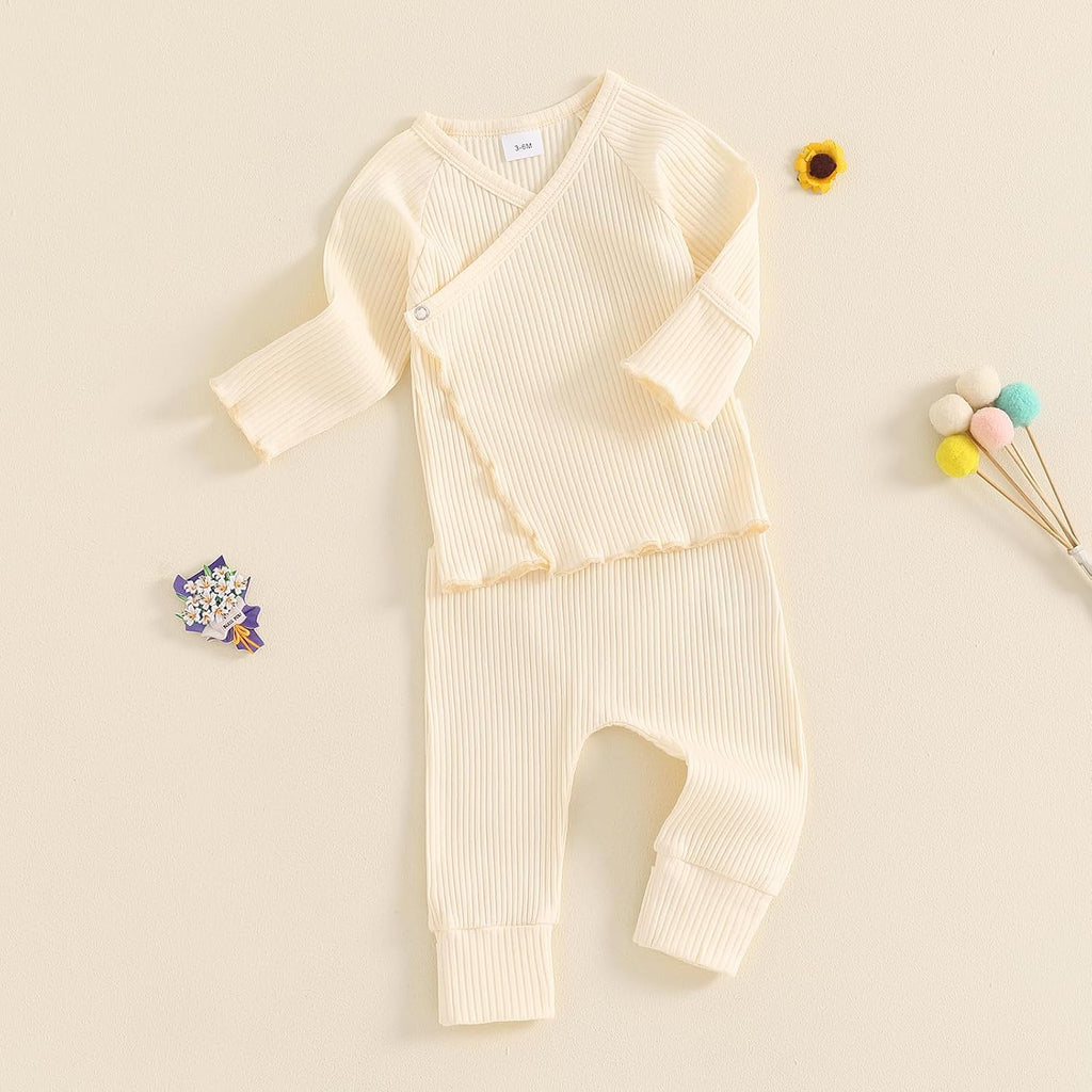 Baby Girl 2Pcs Fall Outfits Long Sleeve Wrap Front Ribbed Tops + Pants Set Toddler Clothes