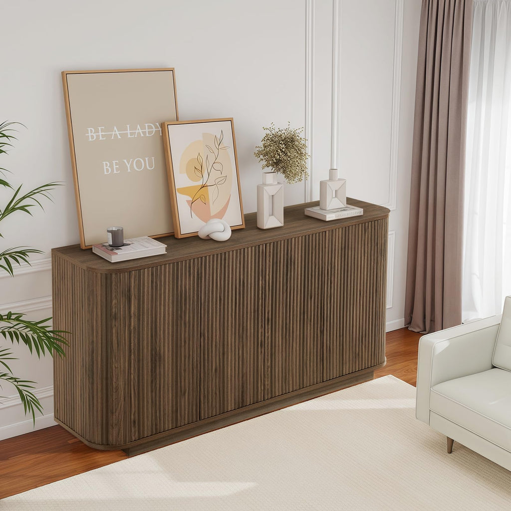 64" Fluted Buffet Cabinet with Storage, Walnut Sideboard Cabinet