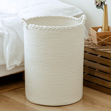 58L Woven Laundry Basket, Collapsible Cotton Rope Tall Laundry Hamper for Blankets, Clothes, Pillows, Toys, Shoes