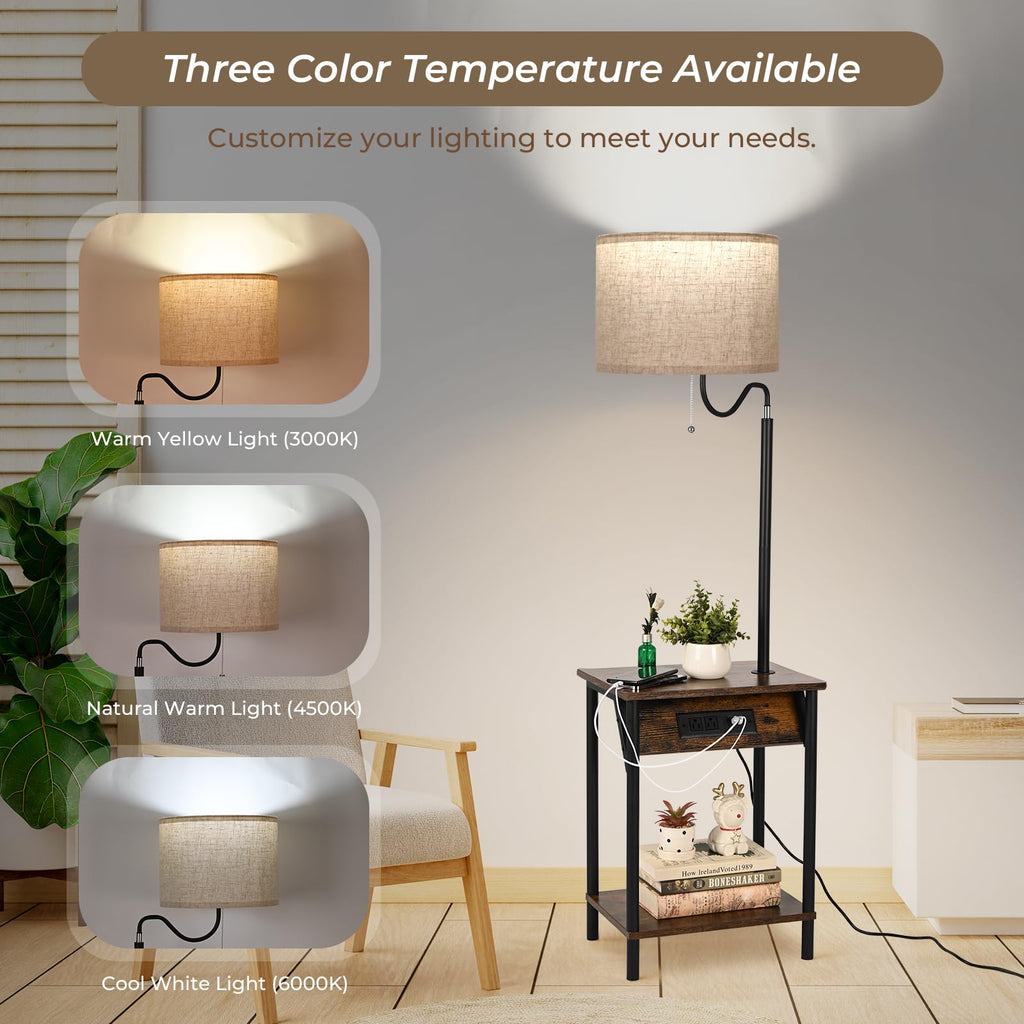 Floor Lamp with Table, End Table with Charging Station USB Ports & Outlets, 3 Color Temperature Reading Light Bedside