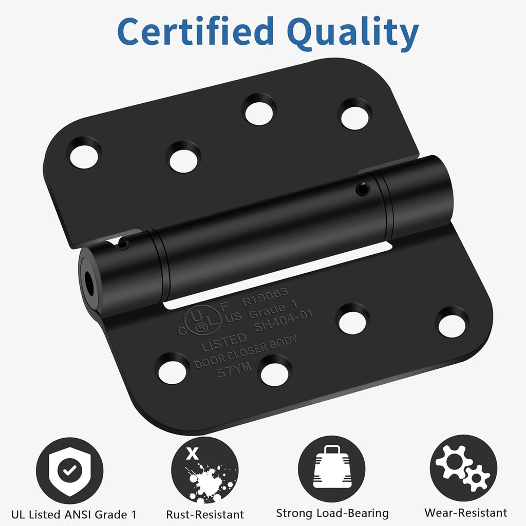 4 Inch Self Closing Door Hinges, 5/8" Radius Corners Spring Loaded Hinges , Garage, Front and Back Door, UL Listed