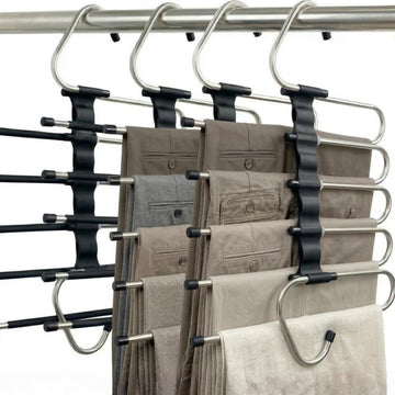 Pants Hangers Space Saving, 5 Tier Jeans Hanger for Closet, Black Multiple Heavy Duty Stainless Steel Pant Rack for