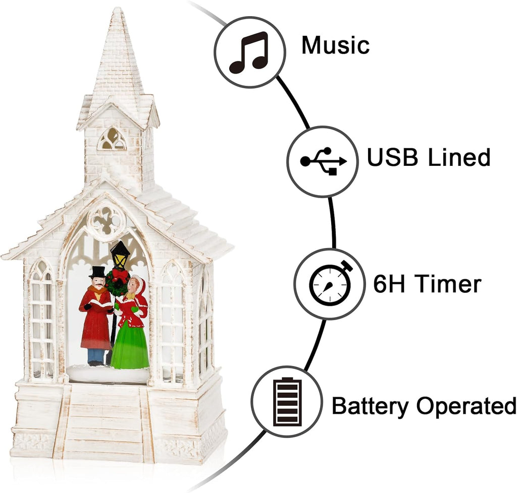 Christmas Snow Globe Lantern Musical Carolers Lighted Water Church, USB Lined/Battery Operated Lighted Lantern