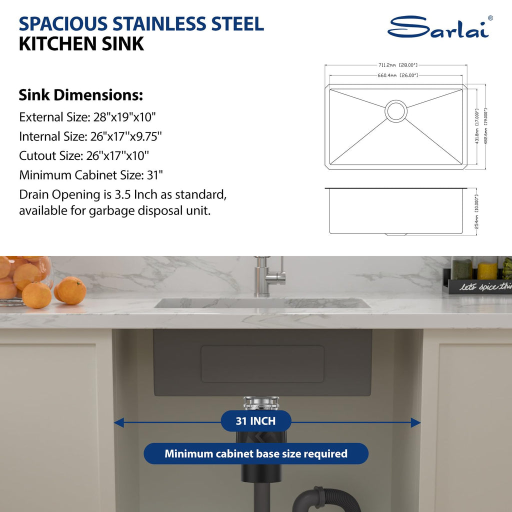 Gold Undermount Kitchen Sink - 28 Inch Kitchen Sink Undermount Gold Stainless Steel Single Bowl 28" x 19" Under-Mount