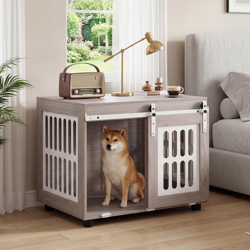 31.5" Dog Crate Furniture with Barn Door for Small Medium Dogs