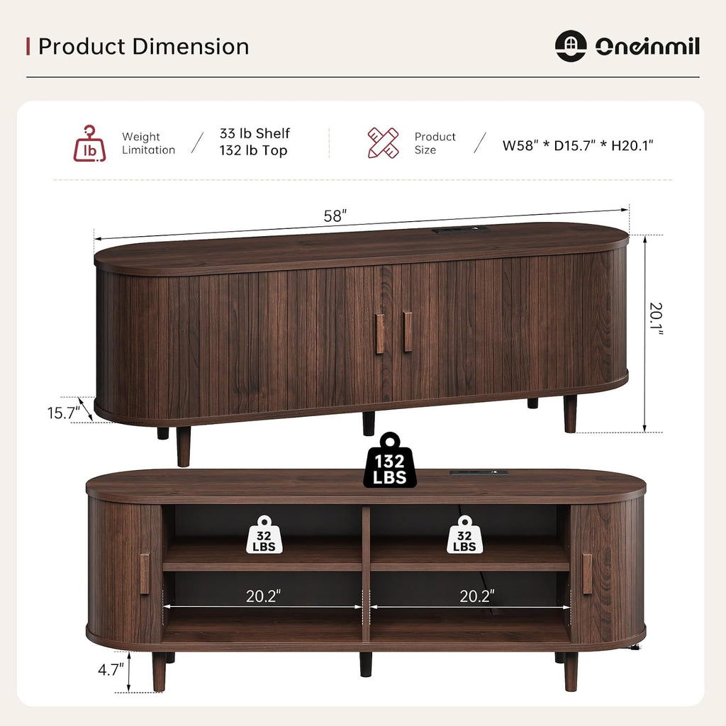 58" Mid Century Modern TV Stand, TV Consoles with Sliding Doors, Wood Entertainment Center with Power Outlet and