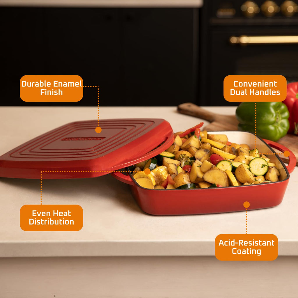 2-in-1 Square Dutch Oven Casserole Dish with Lid, Dual Handles and Grill Pan for Baking, Braising and Grilling