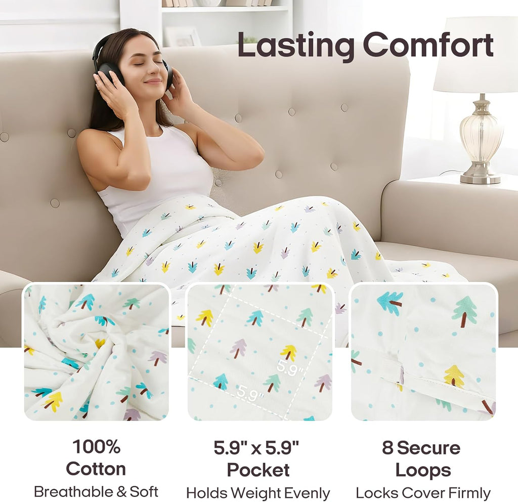 Cotton Weighted Blanket (60"x80", 15lbs, Small Tree Print) | Queen Size High Breathability Heavy Blanket, Soft