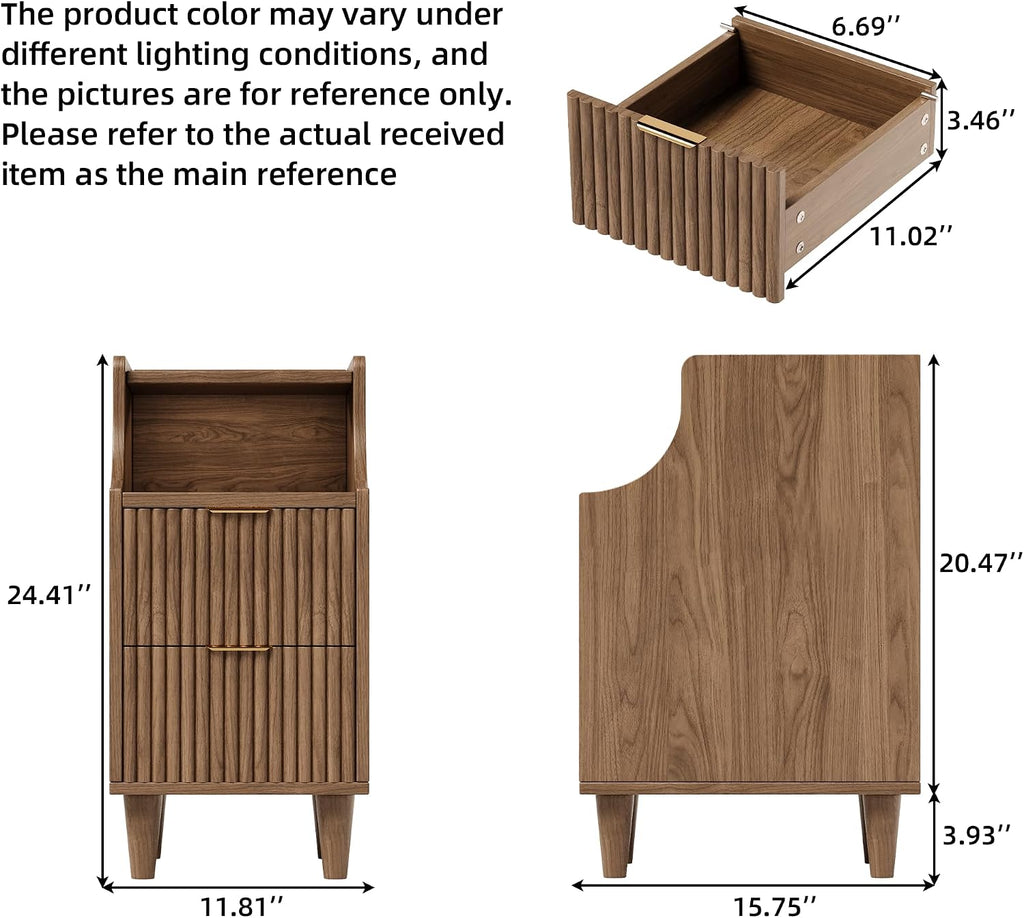 11.8" Narrow Fluted Nightstand Set of 2,Slim Side End Table with 2 Drawers,Mid-Century Modern Bedside Table,Skinny