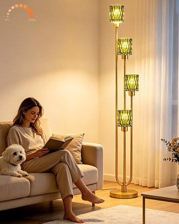 Vintage 4-Light Green Glass Floor Lamp, Dimmable Gold Standing Tall Lamp for Reading, Mid Century Modern Floor Lamp